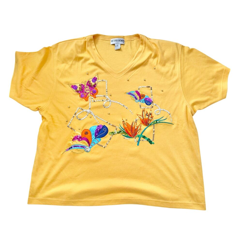 Victoria Woman Golden Yellow Vintage V Neck Embellished Butterfly Flower Tee 2X